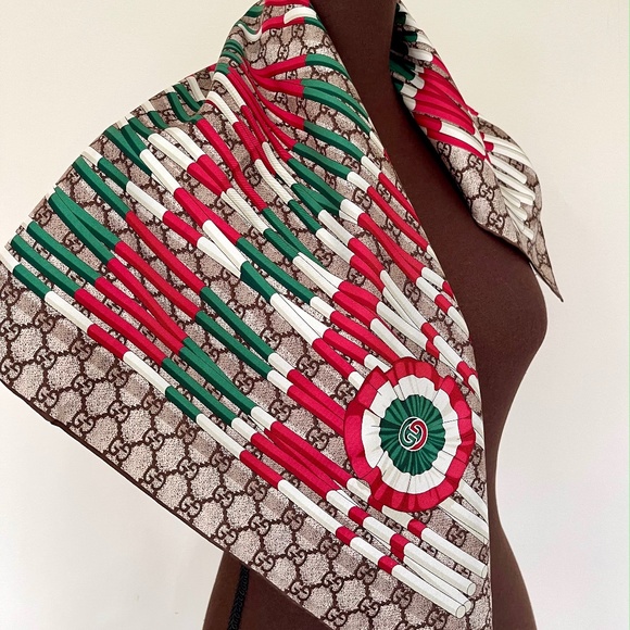 Gucci Scarf Logo GG Print Club WEB Beige Brown Silk Wrap - Picture 5 of 12